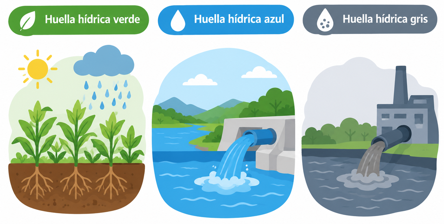 Tipos de huella hídrica: verde, azul y gris